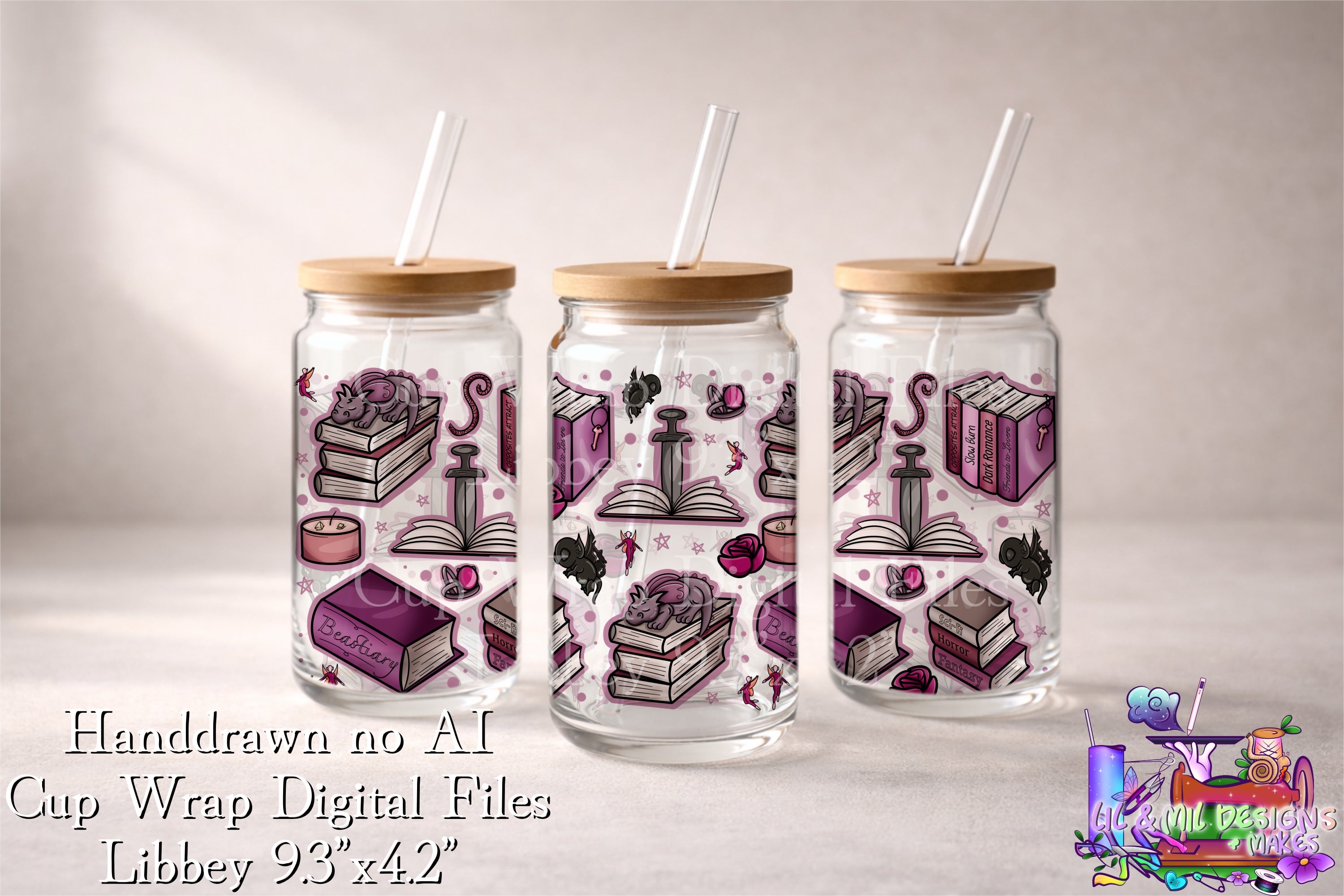 Handdrawn Cup Wrap (Bookish Mashup -Pink)